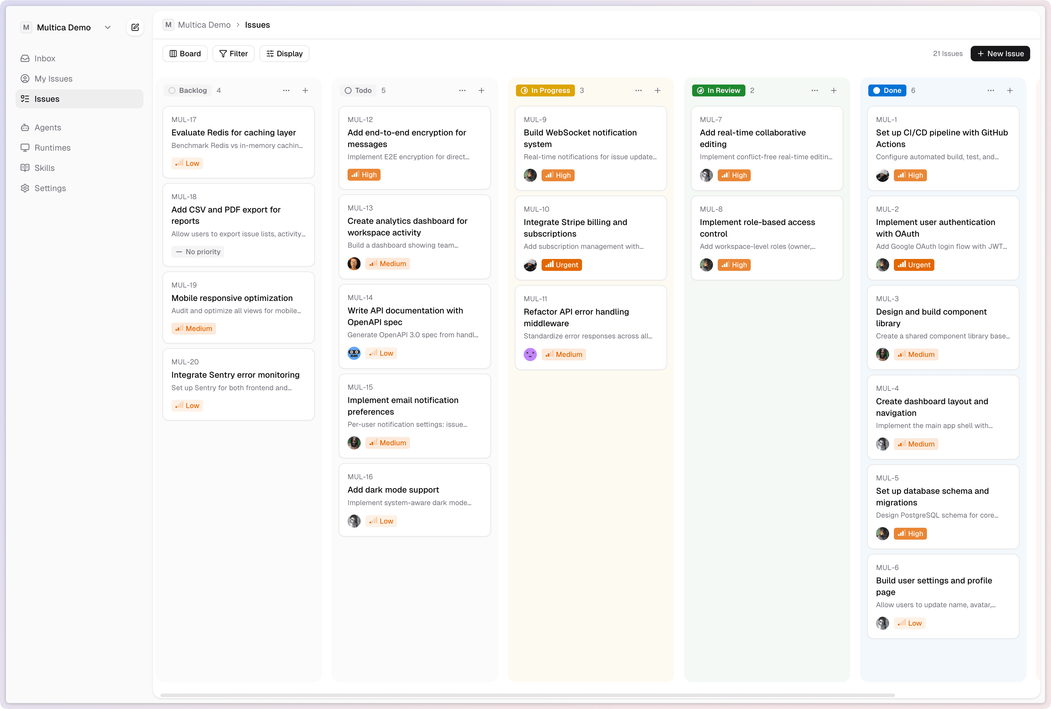 Finny board view — issues managed by humans and agents